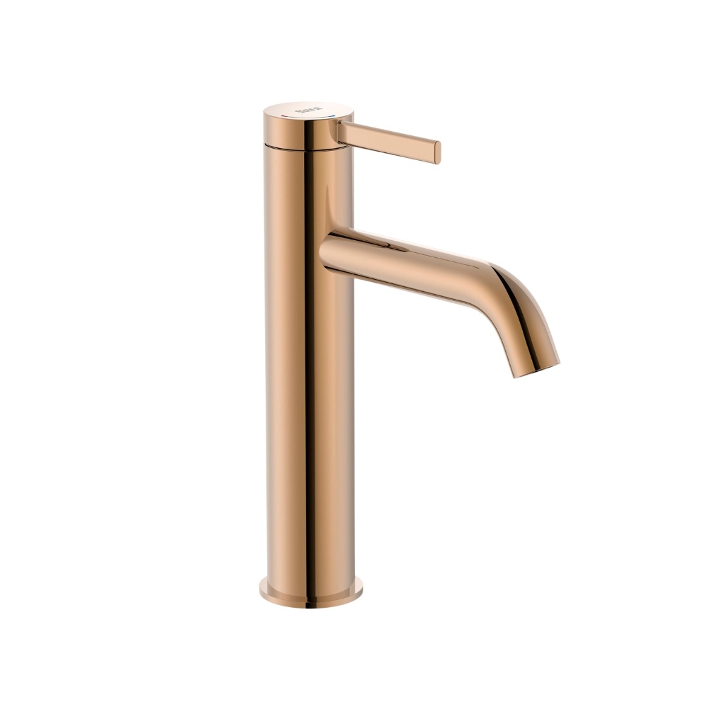 Cut out image of the Roca Ona Rose Gold Medium-Height Basin Mixer Tap with Click-Clack Waste